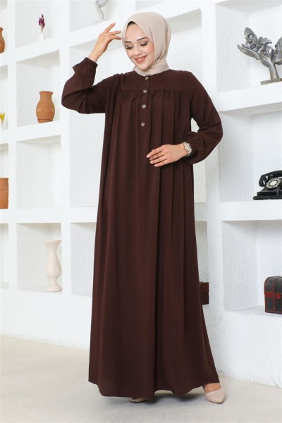 Yarım Düğmeli Viskon Elbise KAHVERENGİ - Thumbnail
