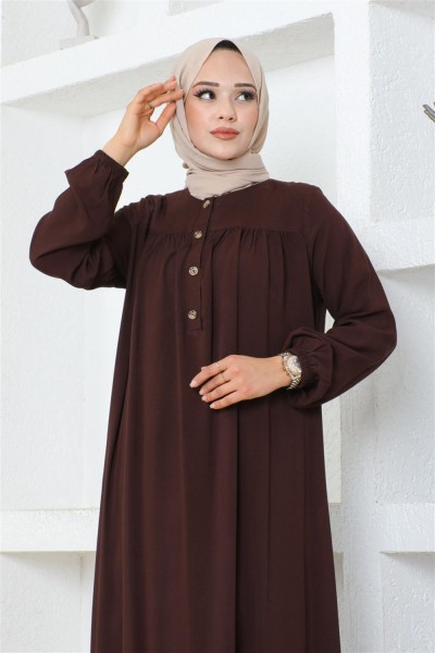 Yarım Düğmeli Viskon Elbise KAHVERENGİ - Thumbnail