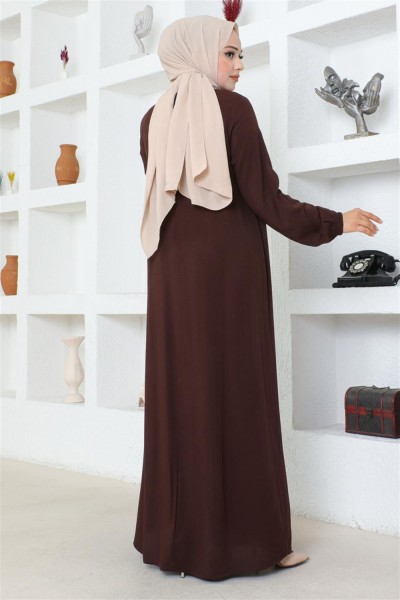 Yarım Düğmeli Viskon Elbise KAHVERENGİ - Thumbnail