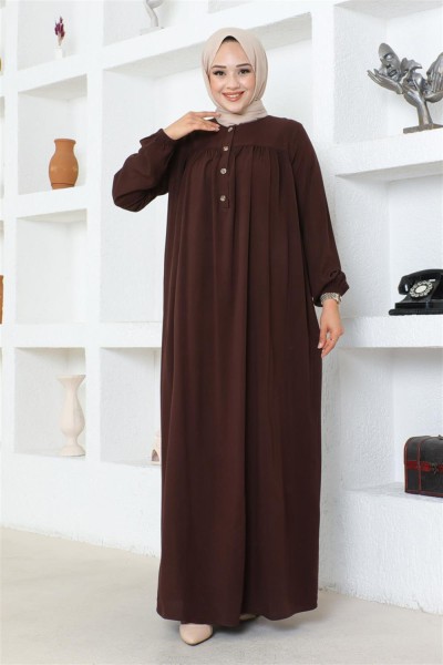 Yarım Düğmeli Viskon Elbise KAHVERENGİ - Thumbnail