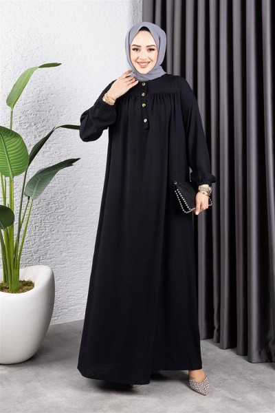 Yarım Düğmeli Viskon Elbise LACİVERT - Thumbnail