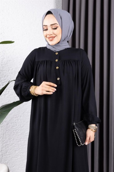 Yarım Düğmeli Viskon Elbise LACİVERT - Thumbnail