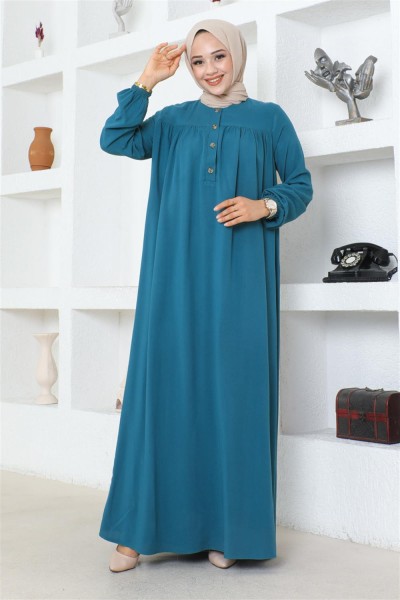 Yarım Düğmeli Viskon Elbise PETROL - Thumbnail