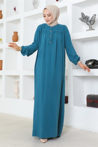 Yarım Düğmeli Viskon Elbise PETROL - Thumbnail