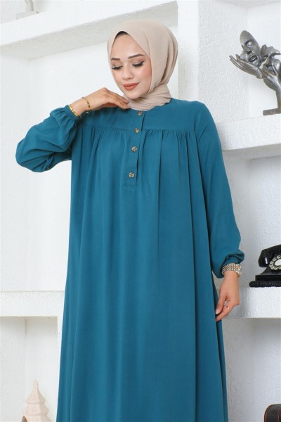 Yarım Düğmeli Viskon Elbise PETROL - Thumbnail