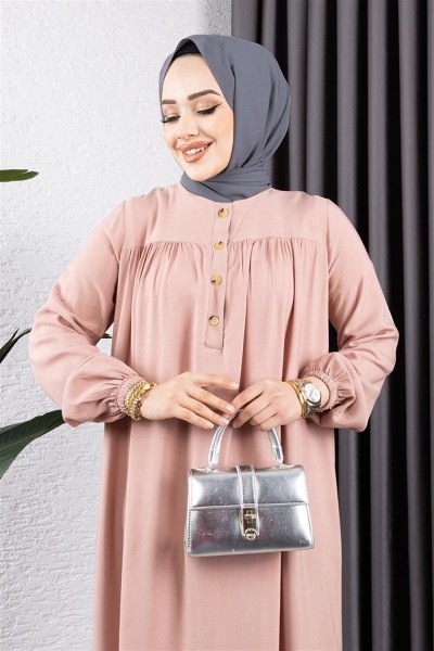 SGS - Yarım Düğmeli Viskon Elbise PUDRA