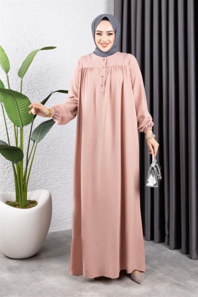Yarım Düğmeli Viskon Elbise PUDRA - Thumbnail