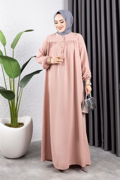 Yarım Düğmeli Viskon Elbise PUDRA - Thumbnail