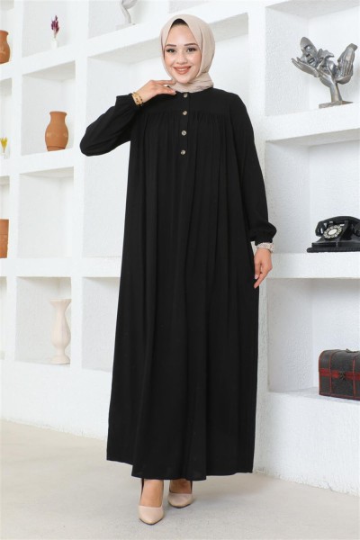 SGS - Yarım Düğmeli Viskon Elbise SİYAH
