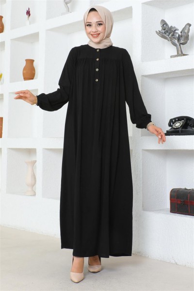 Yarım Düğmeli Viskon Elbise SİYAH - Thumbnail