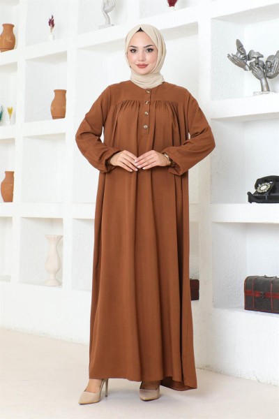 Yarım Düğmeli Viskon Elbise TABA - Thumbnail