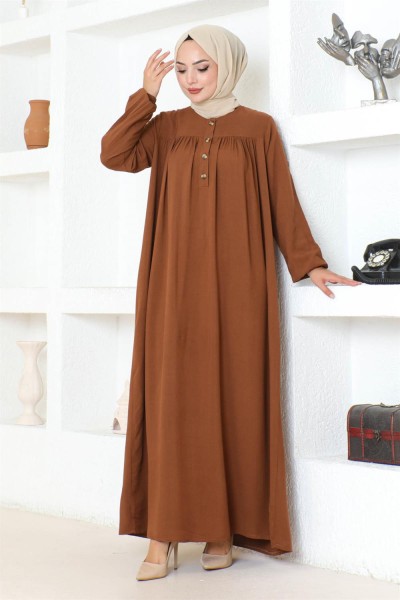 Yarım Düğmeli Viskon Elbise TABA - Thumbnail