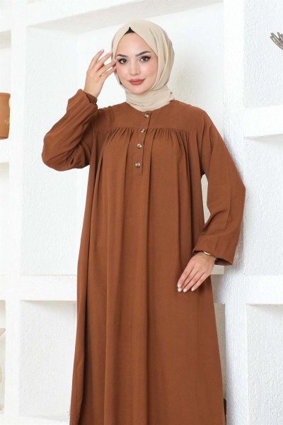 Yarım Düğmeli Viskon Elbise TABA - Thumbnail