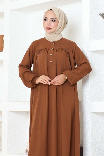 Yarım Düğmeli Viskon Elbise TABA - Thumbnail