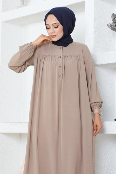 Yarım Düğmeli Viskon Elbise TAŞ - Thumbnail