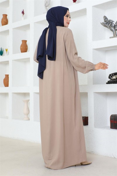 Yarım Düğmeli Viskon Elbise TAŞ - Thumbnail