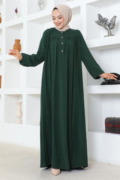 SGS - Yarım Düğmeli Viskon Elbise ZÜMRÜT YEŞİLİ