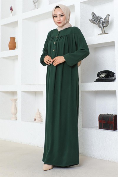 Yarım Düğmeli Viskon Elbise ZÜMRÜT YEŞİLİ - Thumbnail