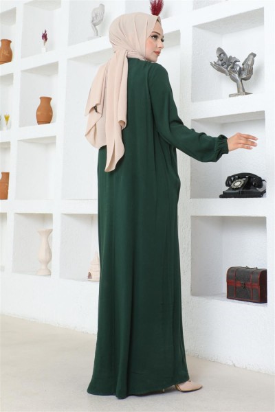 Yarım Düğmeli Viskon Elbise ZÜMRÜT YEŞİLİ - Thumbnail