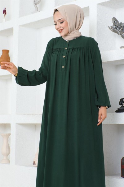 Yarım Düğmeli Viskon Elbise ZÜMRÜT YEŞİLİ - Thumbnail
