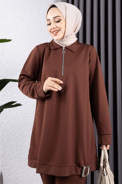 Yarım Fermuarlı Spor Takım KAHVERENGİ - Thumbnail