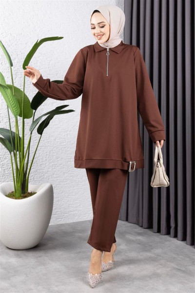 Yarım Fermuarlı Spor Takım KAHVERENGİ - Thumbnail