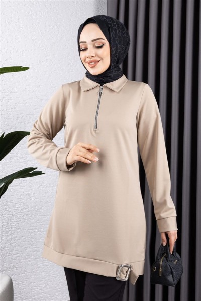 Yarım Fermuarlı Spor Tunik BEJ - Thumbnail