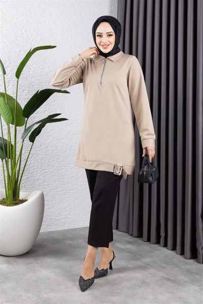 Yarım Fermuarlı Spor Tunik BEJ - Thumbnail