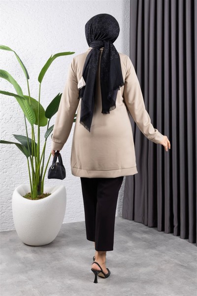 Yarım Fermuarlı Spor Tunik BEJ - Thumbnail