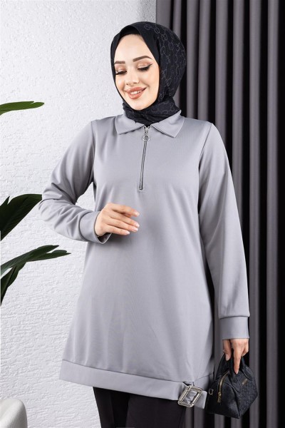 Yarım Fermuarlı Spor Tunik GRİ - Thumbnail