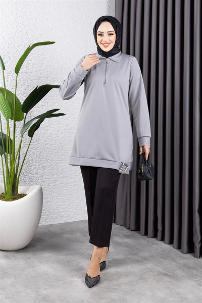 Yarım Fermuarlı Spor Tunik GRİ - Thumbnail