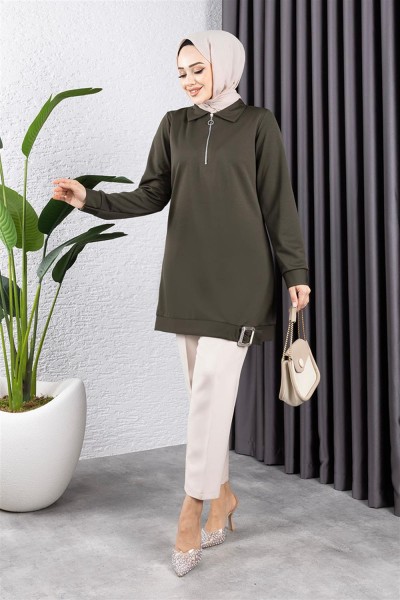 Yarım Fermuarlı Spor Tunik HAKİ - Thumbnail