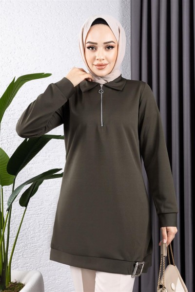 Yarım Fermuarlı Spor Tunik HAKİ - Thumbnail