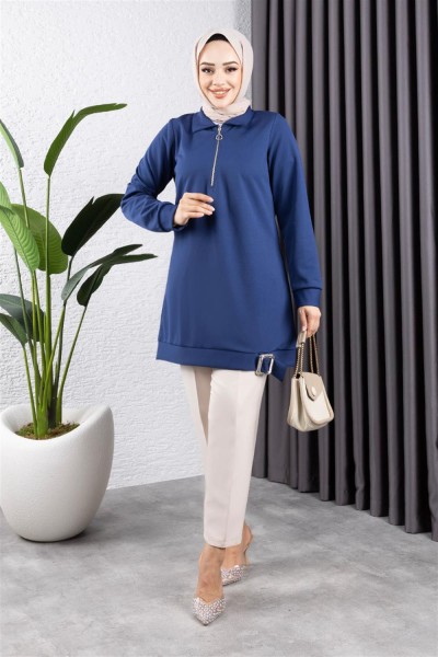 Yarım Fermuarlı Spor Tunik İNDİGO - Thumbnail