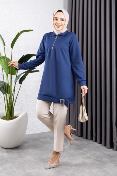 Yarım Fermuarlı Spor Tunik İNDİGO - Thumbnail