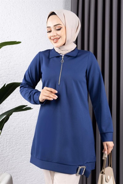 Yarım Fermuarlı Spor Tunik İNDİGO - Thumbnail