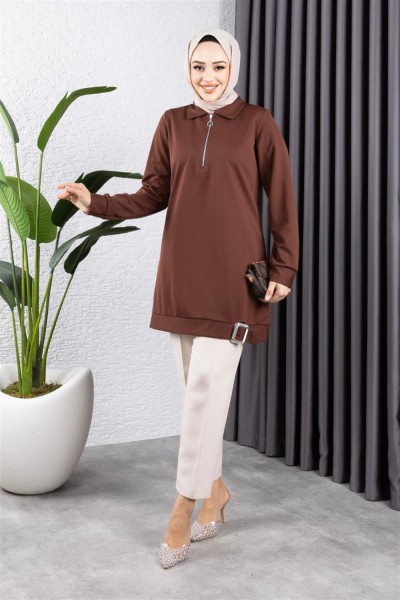 AYM - Yarım Fermuarlı Spor Tunik KAHVERENGİ