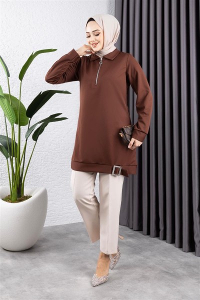 Yarım Fermuarlı Spor Tunik KAHVERENGİ - Thumbnail