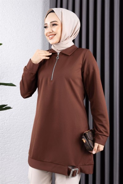 Yarım Fermuarlı Spor Tunik KAHVERENGİ - Thumbnail