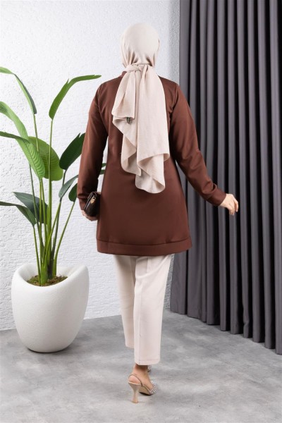 Yarım Fermuarlı Spor Tunik KAHVERENGİ - Thumbnail