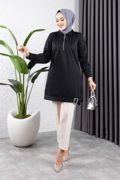 Yarım Fermuarlı Spor Tunik SİYAH - Thumbnail