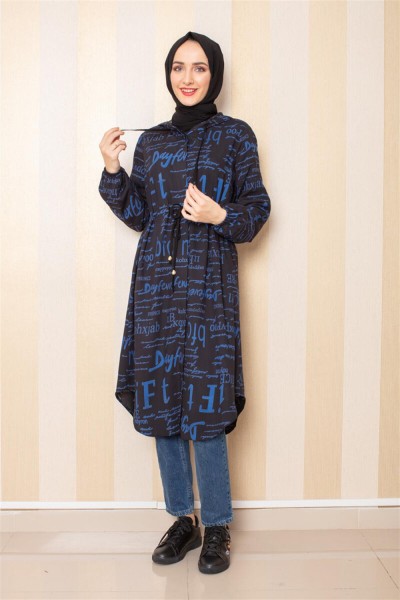 Moda Pinhan - Yazı Baskılı Tesettür Tunik Siyah İndigo