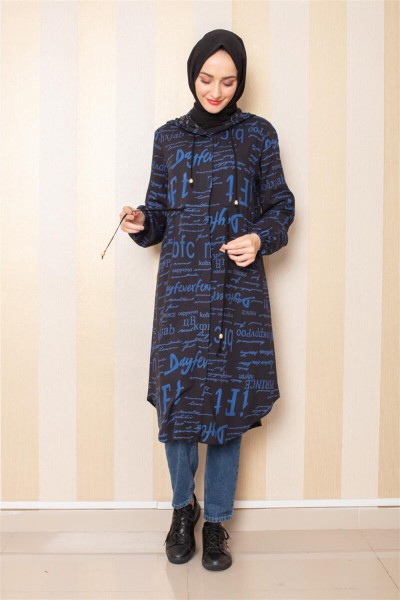 Yazı Baskılı Tesettür Tunik Siyah İndigo - Thumbnail