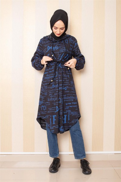 Yazı Baskılı Tesettür Tunik Siyah İndigo - Thumbnail
