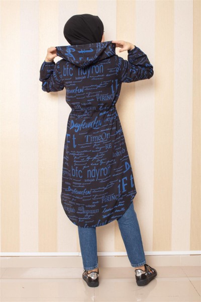 Yazı Baskılı Tesettür Tunik Siyah İndigo - Thumbnail