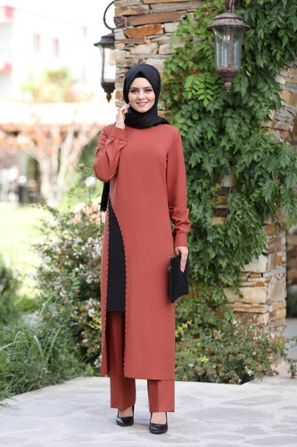 Moda Çizgi - Yırtmaç Detaylı Takım mdc 1133 Mercan