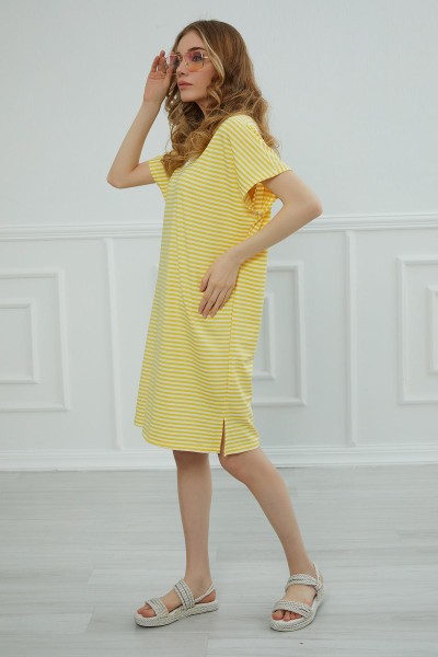 Yırtmaçlı Çizgili Kısa Elbise,ELB-4C Sarı Çizgili - Thumbnail