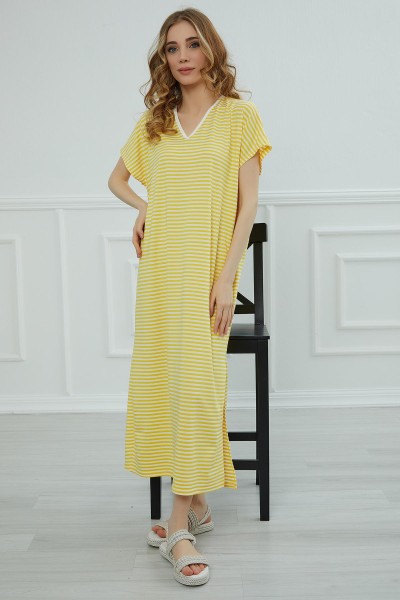 Moda Çizgi - Yırtmaçlı Çizgili Uzun Elbise,ELB-3C Sarı Çizgili