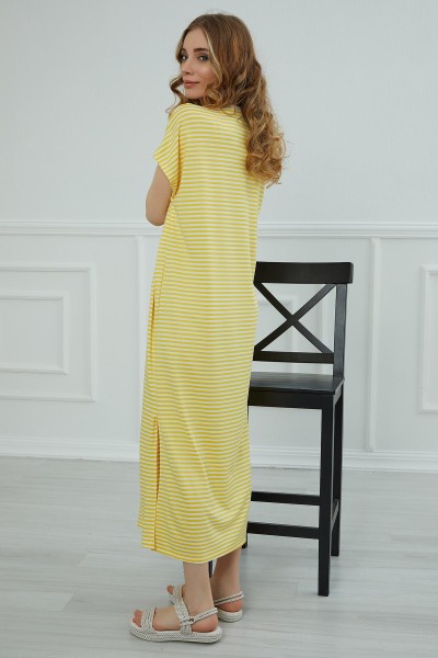 Yırtmaçlı Çizgili Uzun Elbise,ELB-3C Sarı Çizgili - Thumbnail