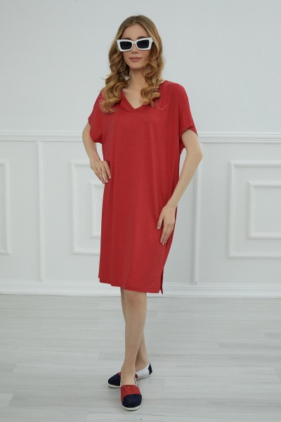 Moda Çizgi - Yırtmaçlı Kısa Elbise,ELB-4 Kırmızı